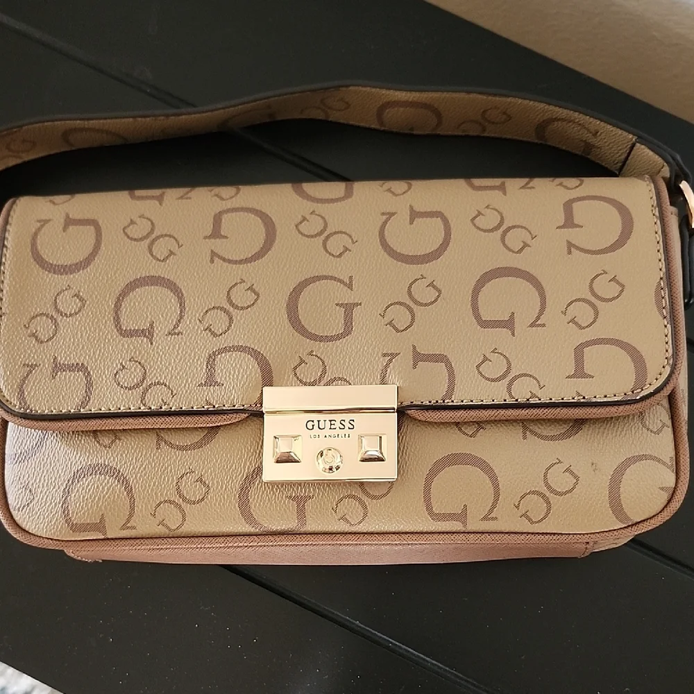 GUESS Y2K Logo Baguette Bag Brown Monogram Shoulder Purse Gold Hardware - Picture 2 of 14